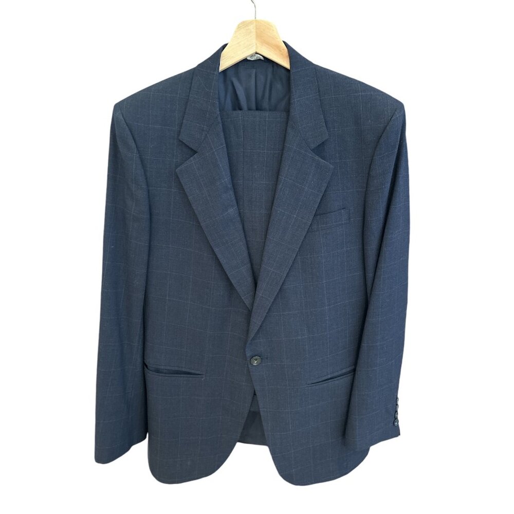 Louis Roth Navy Windowpane Mens Suit Jacket & Trousers Set With Buckle Detail